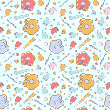 Seamless pattern with drawing of baby toiletries. Vector illustration. Design templates for greeting cards, home wallpapers, textiles, and fabrics.