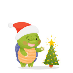 Cute cartoon character. A green turtle with a purple shell and a yellow tummy, stands in a New Year's cap near the Christmas tree. Isolated vector illustrations on white background.