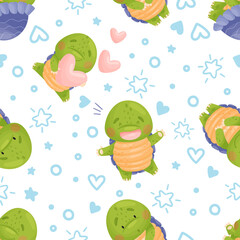 Seamless pattern cute cartoon character. A green turtle holds a pink heart in his hands, laughs. Around blue stars, hearts, circles. Isolated vector illustrations on white background.