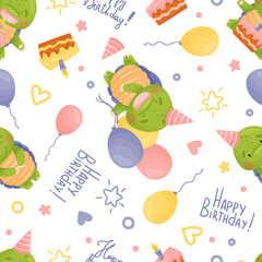 Seamless pattern cute cartoon character. Green turtle in a birthday cap with a piece of cake with a candle and balloons. Happy birthday lettering. Isolated vector illustrations on white background.