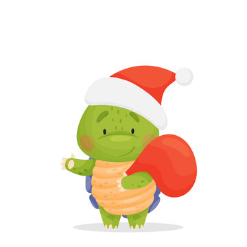 Cute cartoon character. A green turtle with a purple shell and a yellow belly, stands in a New Year's cap with a bag of Christmas gifts. Isolated vector illustrations on white background.