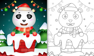 coloring for kids with a cute panda using santa hat and scarf in chimney