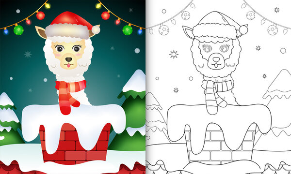 coloring for kids with a cute alpaca using santa hat and scarf in chimney