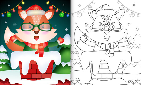 coloring for kids with a cute fox using santa hat and scarf in chimney