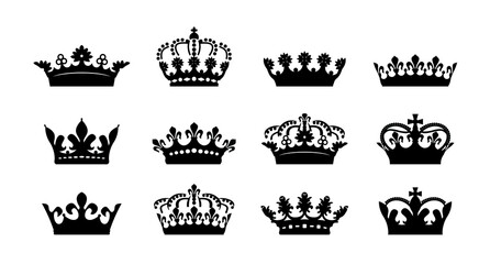 Set black vector king crowns on white background. Vector Illustration. Emblem, icon and Royal symbols.