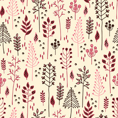 Seamless vector pattern with branches on pink background. Simple decorative forest wallpaper design. Elegance leaves fashion textile.