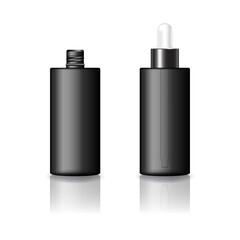 Blank black cylinder cosmetic bottle with white-black dropper lid product mockup template.