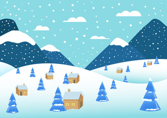 Illustration of a Winter landscape with mountains, snow-covered trees, forest houses. Vector illustration for a Christmas card. Cold sunny day in mountains.