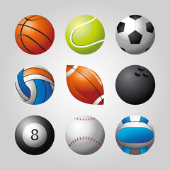 Obraz premium basketball, soccer, bowling balls sport equiment detailed design icons set