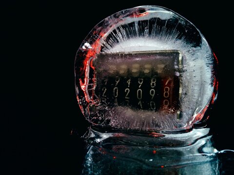 counter in ice like a frozen bomb in creative macro photography