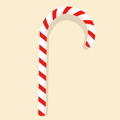 Vector winter christmas and new year striped red lollipop cane. Illustration for the winter holiday. Symbol, sign and sticker concept. Cartoon style isolated