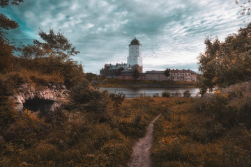 tower of St. Olav of the Vyborg castle on the island on a sunny autumn day