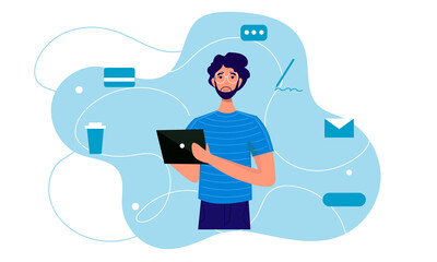 Man with tablet. Mail, social networks, credit card icons. Vector illustration.
