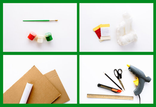 Step by step photo instruction how to make new year or christmas tree from cardboard, animal shaped pasta, cotton and toilet paper tube. Green background. Part one