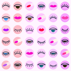 Eye lips eyelash nail beauty and colorful icon set repeat pattern and seamless vector 