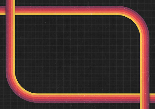 A retro 1970's or 1980's dark graphic background design for use as a product, poster or flyer background with yellow, orange and red curved stripes with corner border and copy space for design