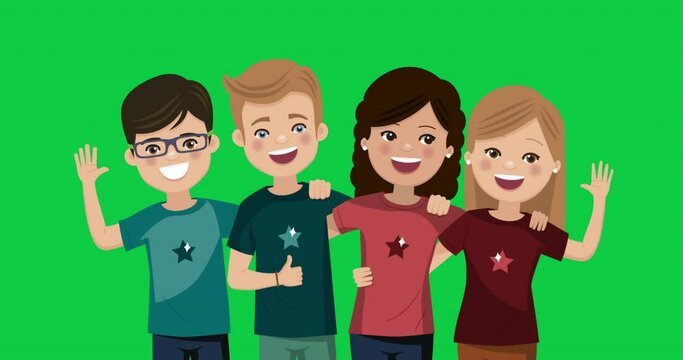 Four friends hugged together. Youth people animation. Happy boys and girls. Foreground scene on green background