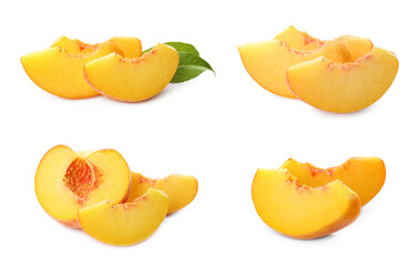 Set of cut ripe peaches on white background