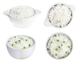 Set of bowls with cooked rice isolated on white