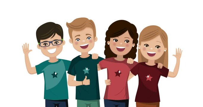 Four friends hugged together. Youth people animation. Happy boys and girls. Foreground scene