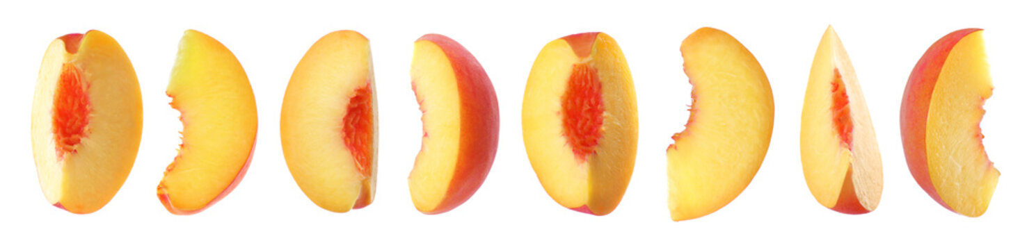 Set of cut ripe peaches on white background, banner design