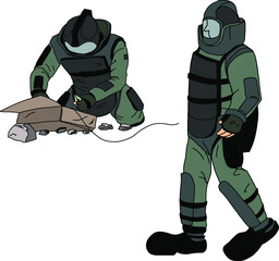 Hand drawn a bomb suit must protect all parts of the body, Soldier in bomb suit with fire bomb cartoon vector