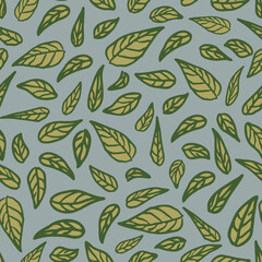 Seamless vector pattern with leaves on grey background. Beautiful floral wallpaper texture. Simple decorative fashion textile design.