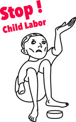 Hand drawn child poverty vector illustration.child beggar vector,sad child beggar,stop child labour