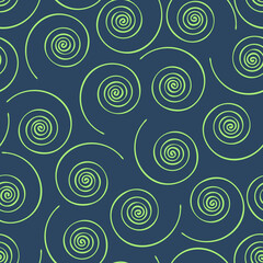 Seamless vector pattern with spiral lines on blue background. Simple twirl wallpaper design. Artistic fashion textile texture.