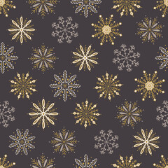 Christmas vector repeat pattern with hand drawn snowflakes