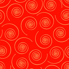 Seamless vector pattern with swirl lines on red background. Simple spiral wallpaper design texture. Artistic fashion textile.
