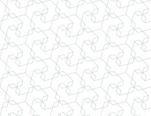 Pattern with thin straight grey lines and geometric shapes on white background. Seamless abstract monochrome linear texture. Modern hexagonal background. Linear graphic design in Arabic style.