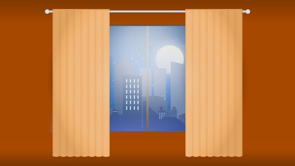 View of the modern city at night from the window with curtains. Lights on in the room. Modern cityscape, skyline. Vector illustration in a flat style. Beautiful background with lighting of the moon.