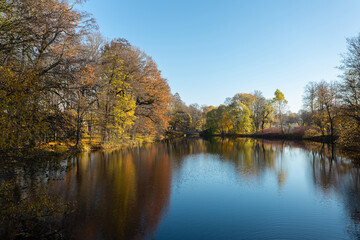 Tranquil scenery with beautiful autumn park with golden trees and their reflections in a lake.
