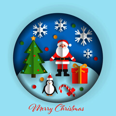 Merry Christmas and Happy New Year paper cut background with cutout snowflakes, Santa Claus, fur tree, penguin, confetti, gift. Vector illustration
