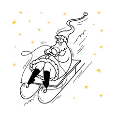 Doodle Santa is on a sleigh ride. Cheerful Santa Claus with his legs tucked rolls down the mountain at high speed and laughs. Vector stock illustration isolated on white background.