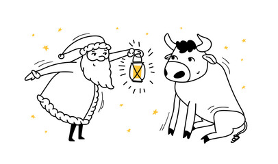 Doodle Santa and the bull. Santa Claus leans forward with a lantern in hand and looks at the bull that sits in front of Santa. Vector stock illustration of new year black on white isolated.