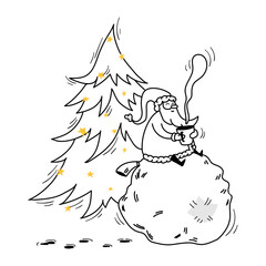 A hand-drawn santa sits on a bag of gifts, Santa holds a hot drink in his hands and rests near a tall, decorated fir tree. Vector stock doodle illustration on white isolated background.