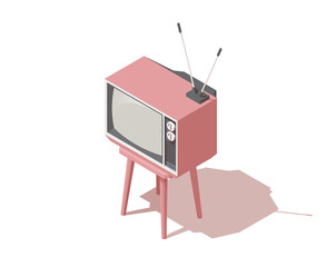Vector isometric analogue retro TV with antenna, channel and signal selector.