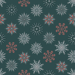 Christmas vector repeat pattern with hand drawn snowflakes in modern pink and dark green color combination.