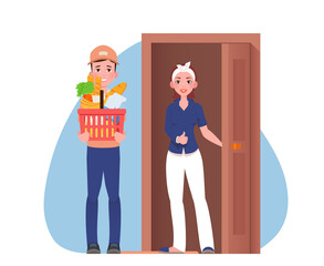 Courier gives the parcel to the customer near door. Food delivery icon. Vector flat illustration