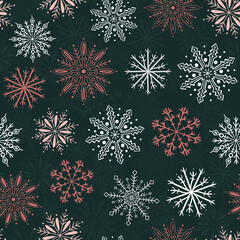 Christmas vector repeat pattern with hand drawn snowflakes