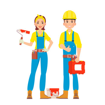 Construction workers with professional equipment. Male and female in uniform and hard hat. Vector illustration