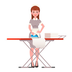 Smiling maid iron clothes on an ironing board. Vector illustration