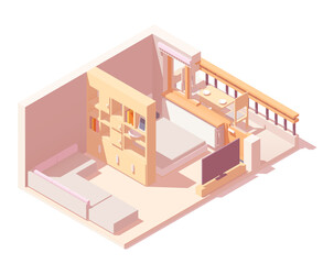 Vector isometric zoned bedroom interior with a bed, wardrobe, sofa, windows and  balcony. Modern cozy interior apartment or house concept