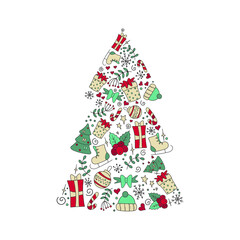 New year and Christmas tree. Bright color pattern christmas tree. Unique design for your greeting cards, banners, flyers. Vector illustration. Hand-Drawn. Flat design.