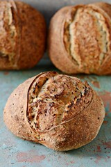 Homemade Freshly Baked Country Bread  made from wheat and whole grain flour on gray background. French Freshly baked bread. 