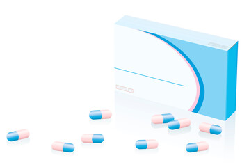 Blank pill box model. Unlabeled medicine package with scattered capsules. Isolated vector illustration on white background.
