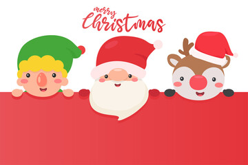 Santa's face Elves and reindeer are happy to give out gifts to the children for Christmas.