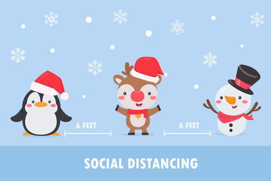 Penguin, reindeer and snowmen wear masks and leave social space to prevent the corona during Christmas.
